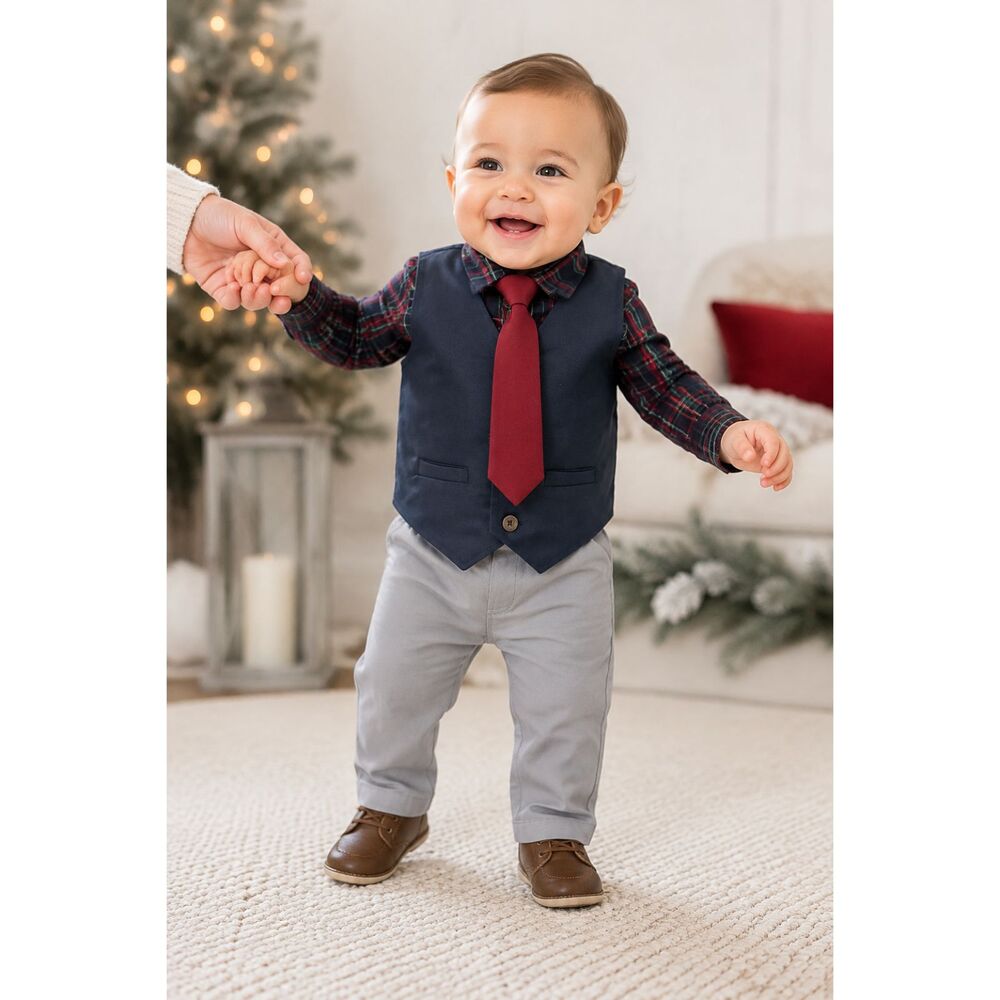 Andy & Evan Baby Boy Holiday Plaid 4-Piece Vest Outfit Set 9–12M NWT